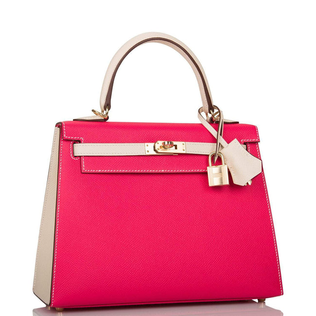 Hermes Kelly 25cm  Bi-Color Rose Extreme and Craie Epsom Sellier Permabrass Hardware Main Image