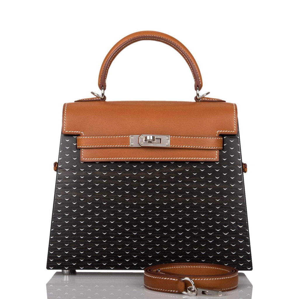 Hermes Fauve Barenia and Natural Wood "Kelly Wood" 22cm Palladium Hardware