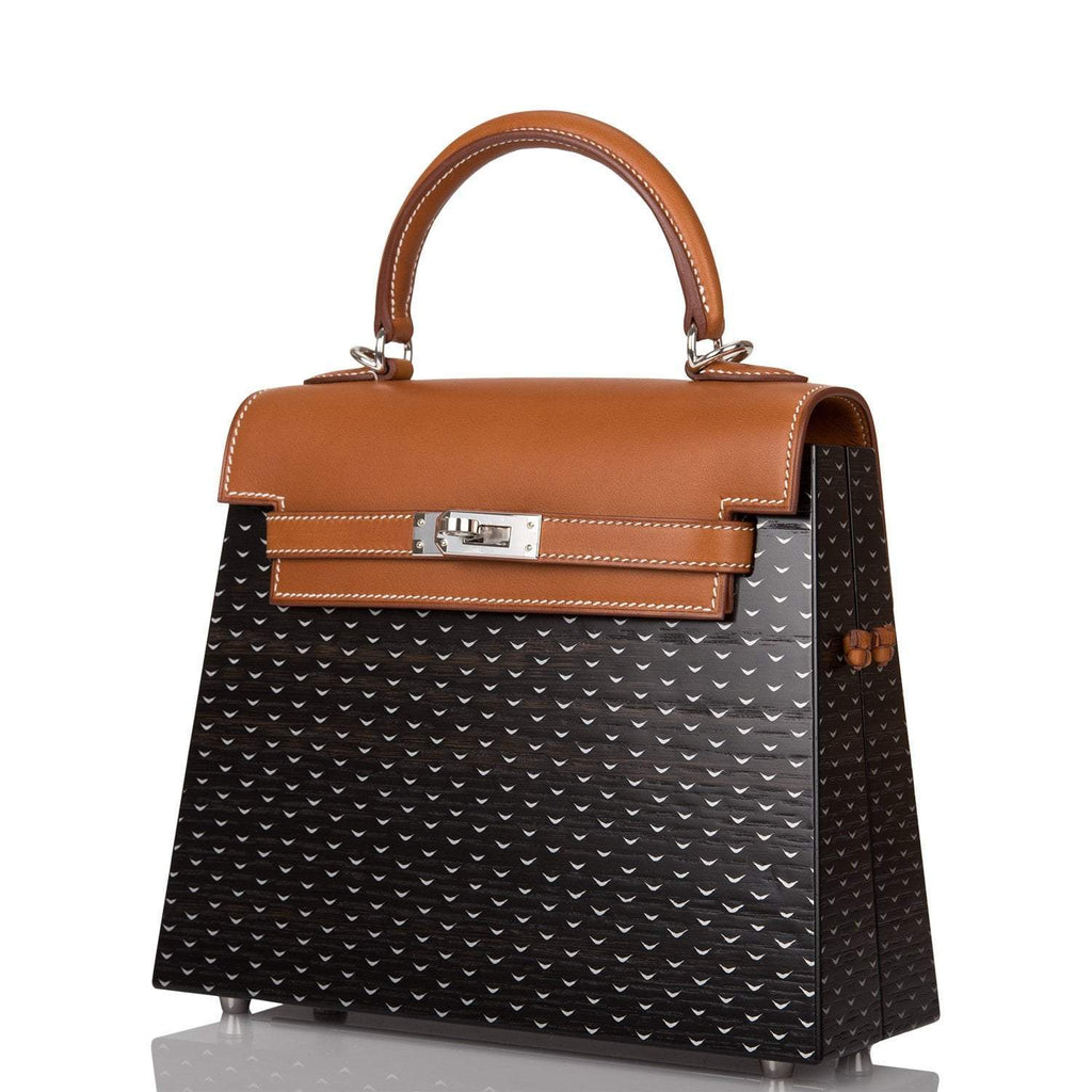 Hermes Fauve Barenia and Natural Wood "Kelly Wood" 22cm Palladium Hardware