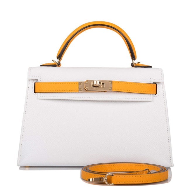 Hermes Horseshoe Stamp (HSS) White and Jaune D'Or Epsom Sellier Kelly 20cm Permabrass Hardware Hover Image