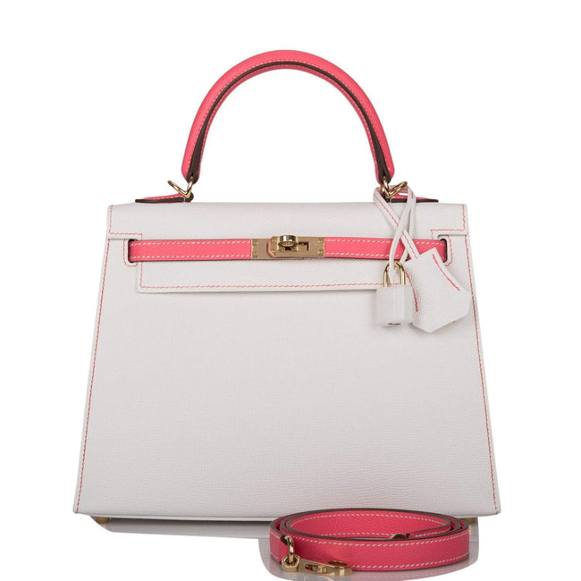 Hermes Horseshoe Stamp (HSS) Bi-Color White and Rose Azalee Epsom Sellier Kelly 25cm Permabrass Hardware Hover Image