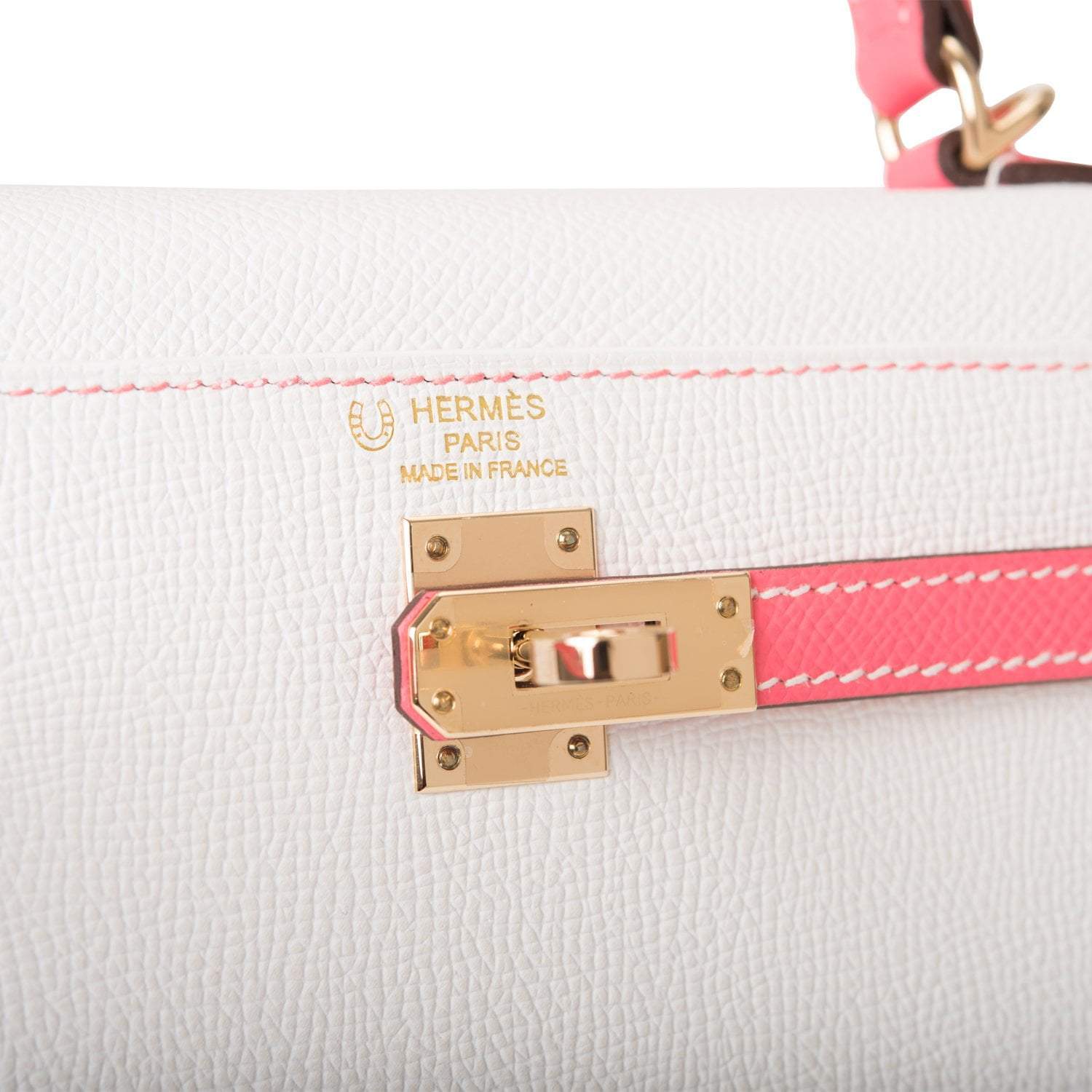 Hermes Horseshoe Stamp (HSS) Bi-Color White and Rose Azalee Epsom Sellier Kelly 25cm Permabrass Hardware