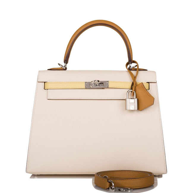 Hermes Kelly 25cm Epsom Sellier Tri-Color Nata, Jaune Poussin and Sesame Palladium Hardware Hover Image