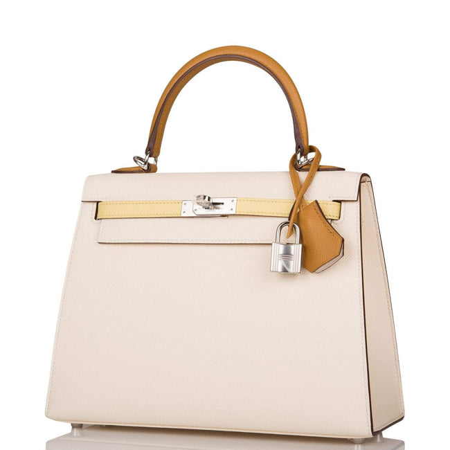 Hermes Kelly 25cm Epsom Sellier Tri-Color Nata, Jaune Poussin and Sesame Palladium Hardware Main Image