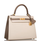Hermes Kelly 25cm Bi-Color Craie and Etoupe Epsom Sellier  Brushed Gold Hardware