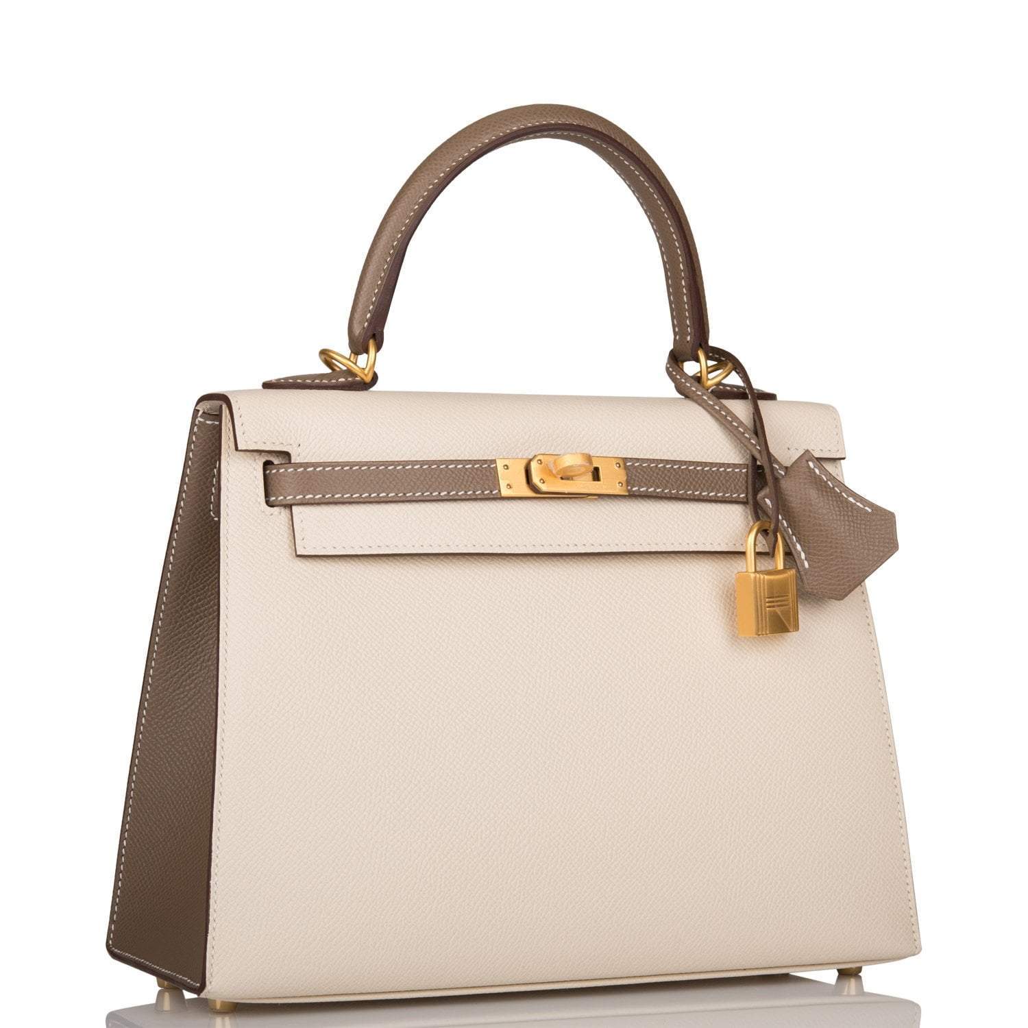 Hermes Kelly 25cm Bi-Color Craie and Etoupe Epsom Sellier  Brushed Gold Hardware