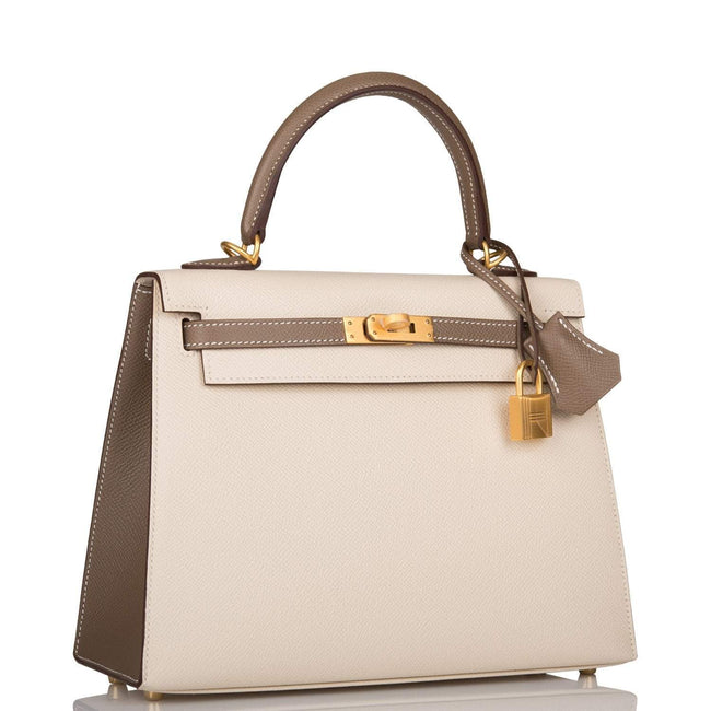 Hermes Kelly 25cm Bi-Color Craie and Etoupe Epsom Sellier  Brushed Gold Hardware Main Image