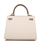 Hermes Kelly 25cm Bi-Color Craie and Etoupe Epsom Sellier  Brushed Gold Hardware