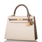 Hermes Kelly 25cm Bi-Color Craie and Etoupe Epsom Sellier  Brushed Gold Hardware