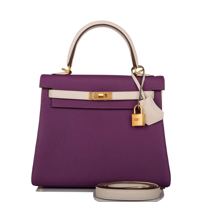 Hermes Kelly 25cm Brushed Gold Hardware Bi-Color Anemone and Craie Togo Retourne Hover Image