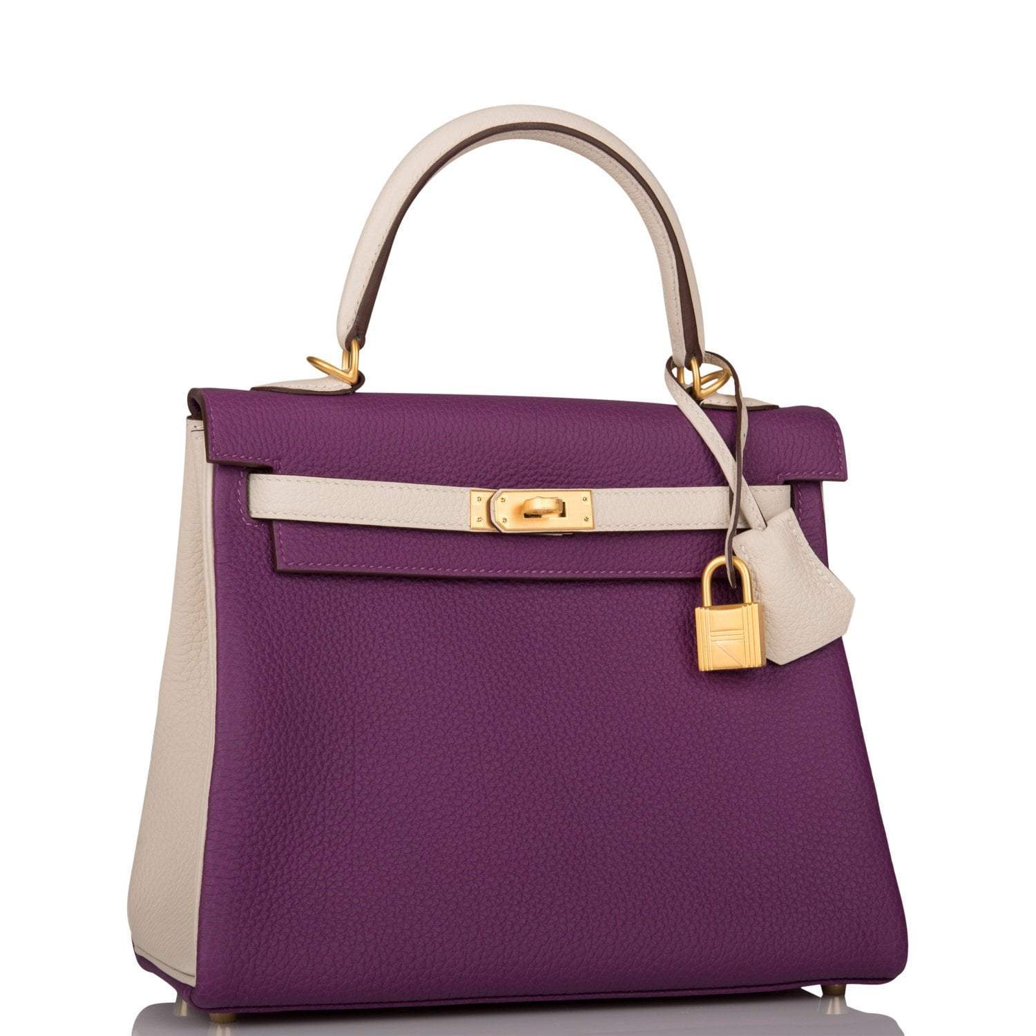 Hermes Kelly 25cm Brushed Gold Hardware Bi-Color Anemone and Craie Togo Retourne