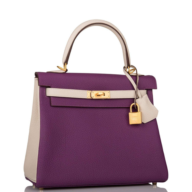 Hermes Kelly 25cm Brushed Gold Hardware Bi-Color Anemone and Craie Togo Retourne Main Image