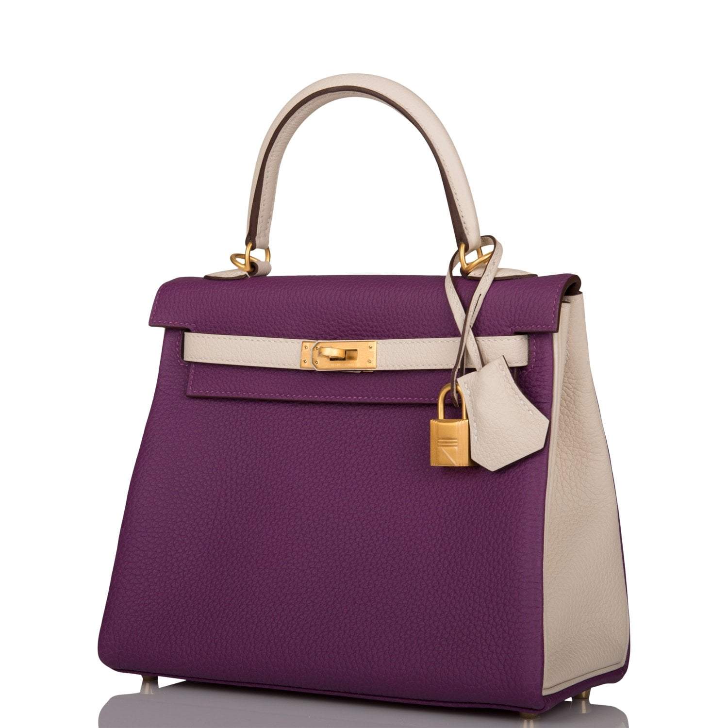 Hermes Kelly 25cm Brushed Gold Hardware Bi-Color Anemone and Craie Togo Retourne