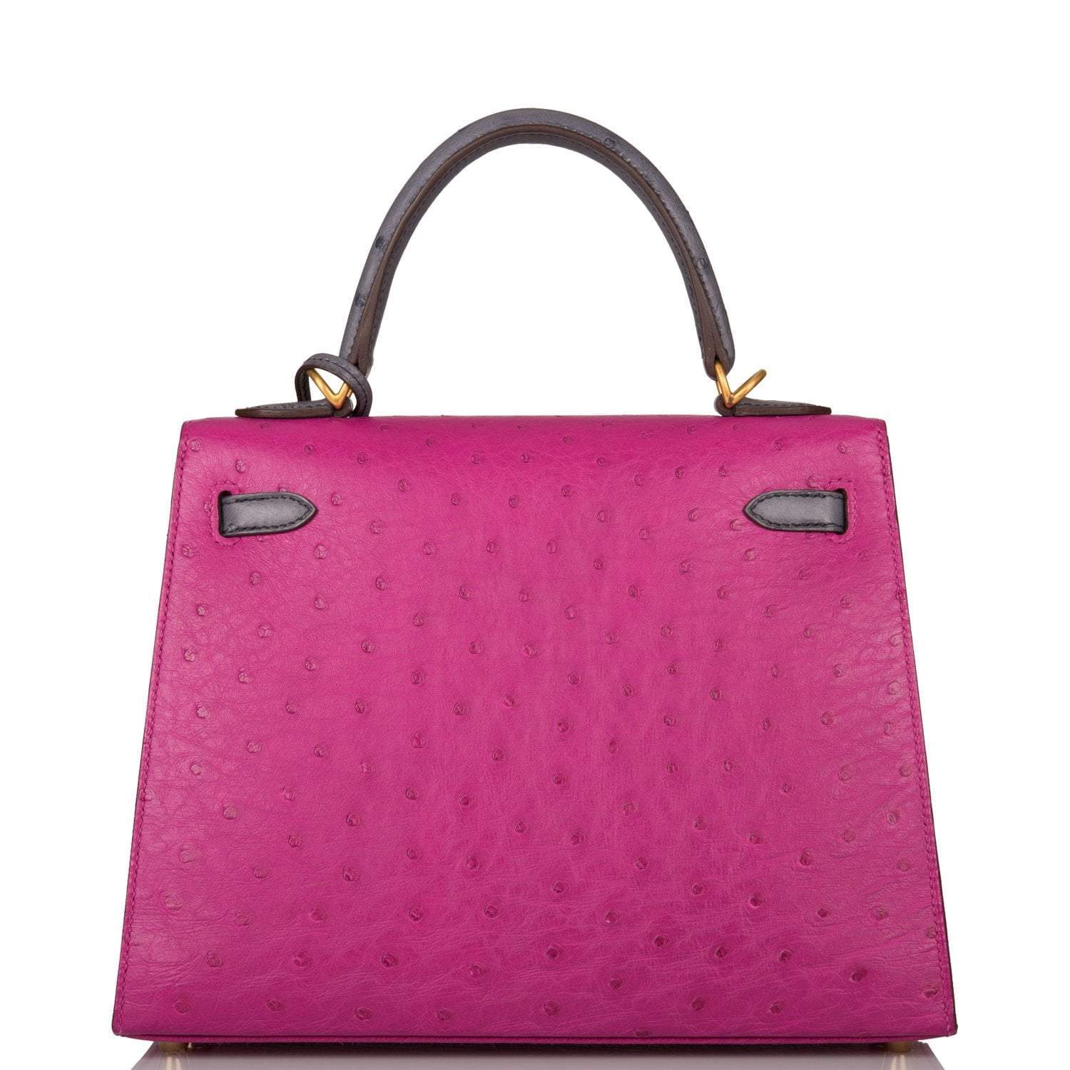 Hermes Horseshoe Stamp (HSS) Bi-Color Rose Pourpre and Gris Agate Ostrich Sellier Kelly 25cm Brushed Gold Hardware