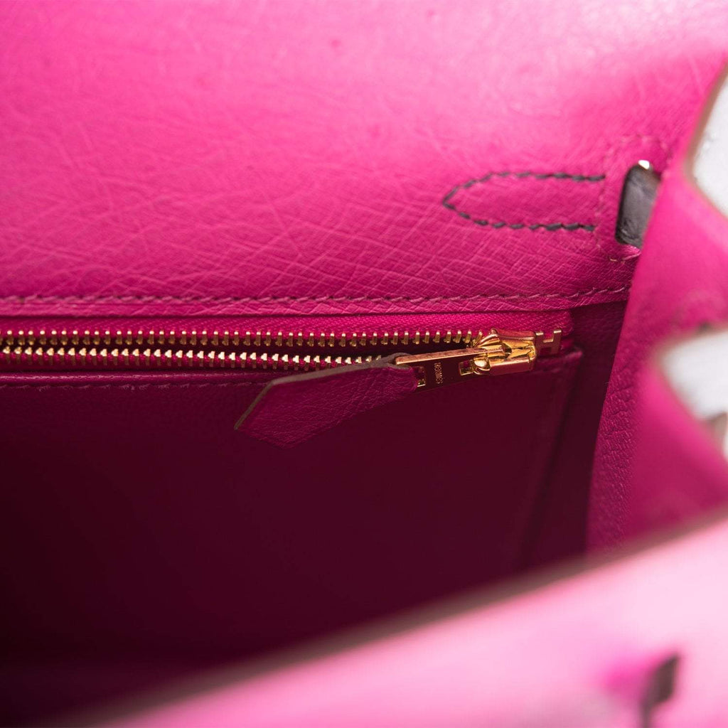 Hermes Horseshoe Stamp (HSS) Bi-Color Rose Pourpre and Gris Agate Ostrich Sellier Kelly 25cm Brushed Gold Hardware