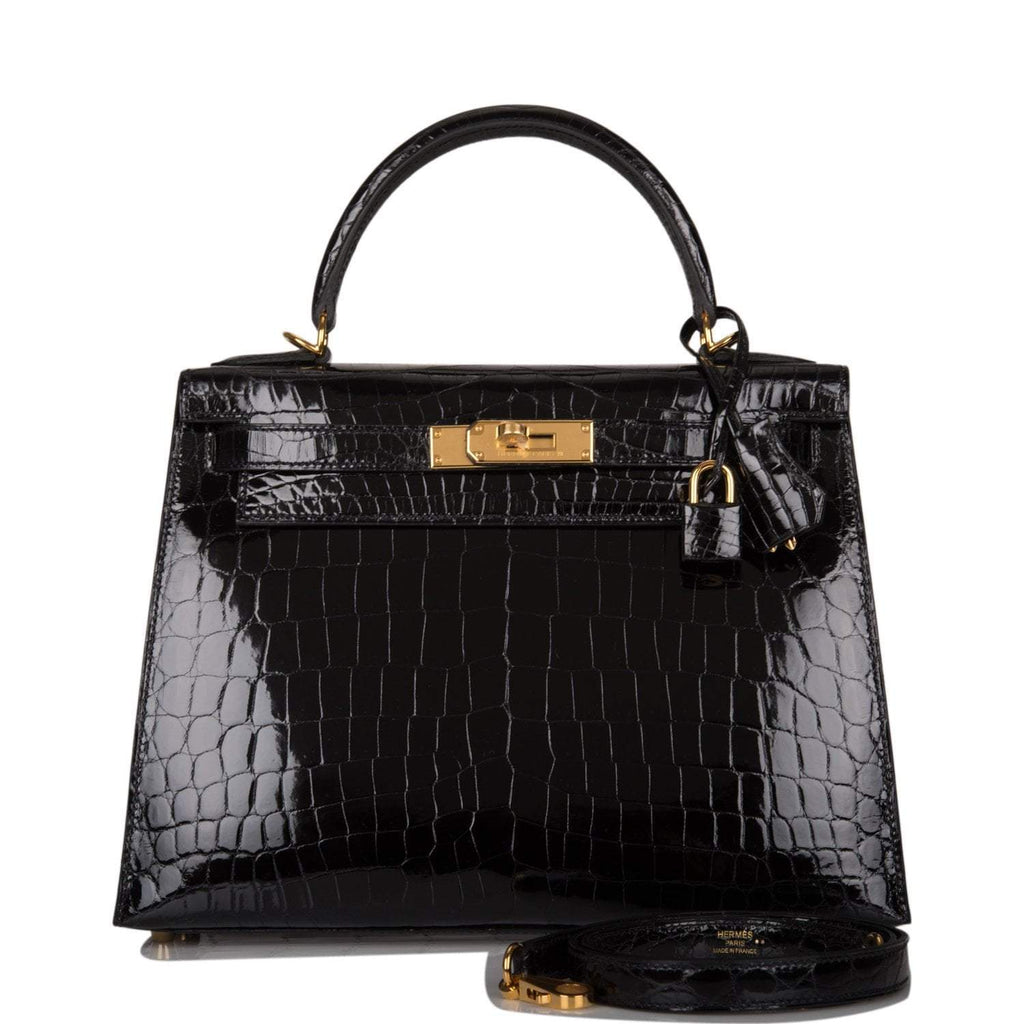 Hermes Black Shiny Niloticus Crocodile Sellier Kelly 28cm Gold Hardware