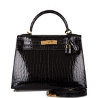 Hermes Black Shiny Niloticus Crocodile Sellier Kelly 28cm Gold Hardware
