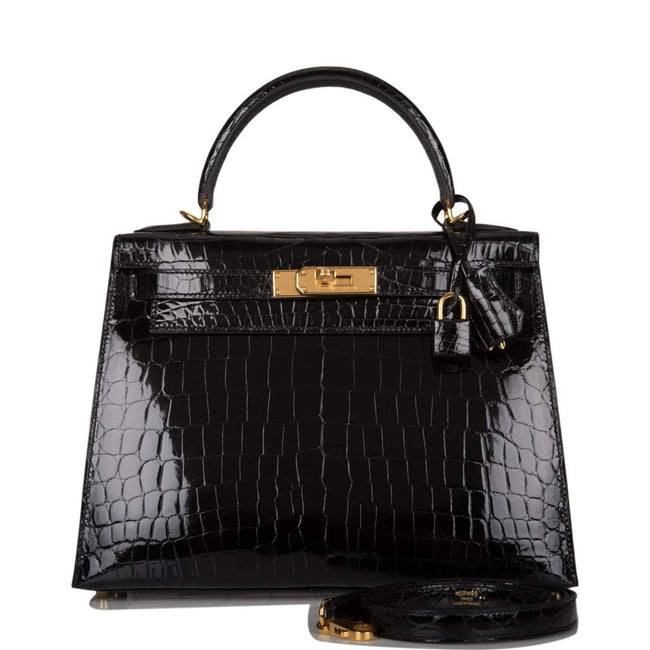 Hermes Black Shiny Niloticus Crocodile Sellier Kelly 28cm Gold Hardware Main Image