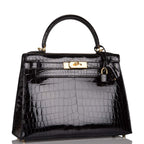 Hermes Black Shiny Niloticus Crocodile Sellier Kelly 28cm Gold Hardware