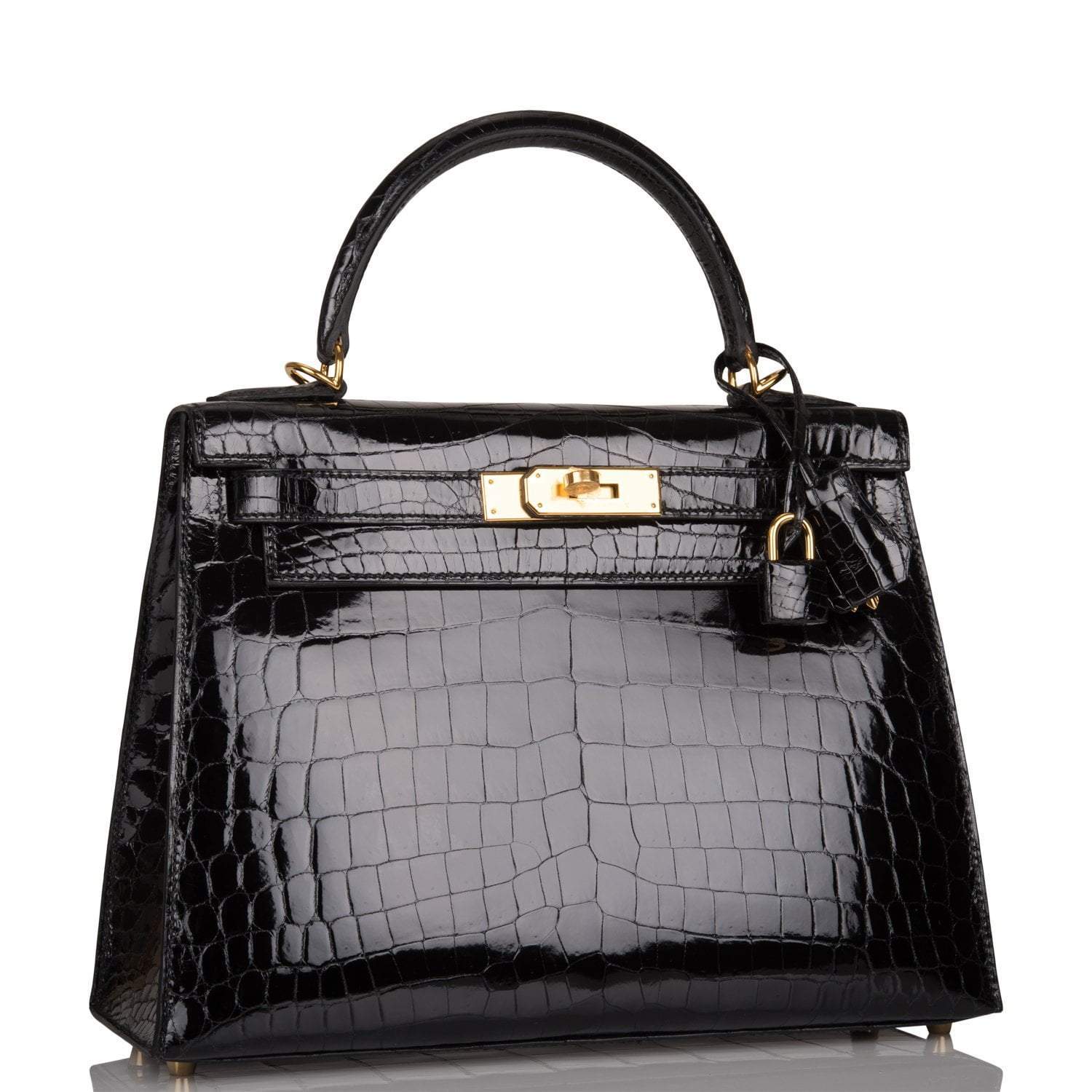 Hermes Black Shiny Niloticus Crocodile Sellier Kelly 28cm Gold Hardware