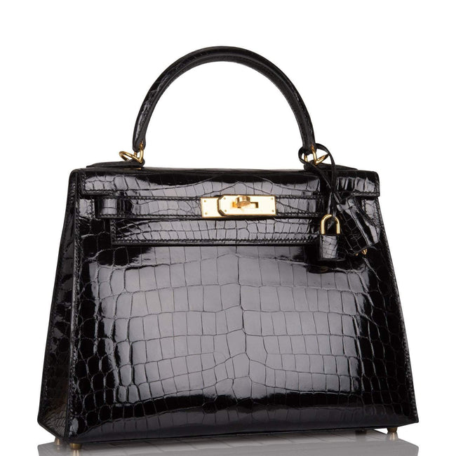 Hermes Black Shiny Niloticus Crocodile Sellier Kelly 28cm Gold Hardware Hover Image