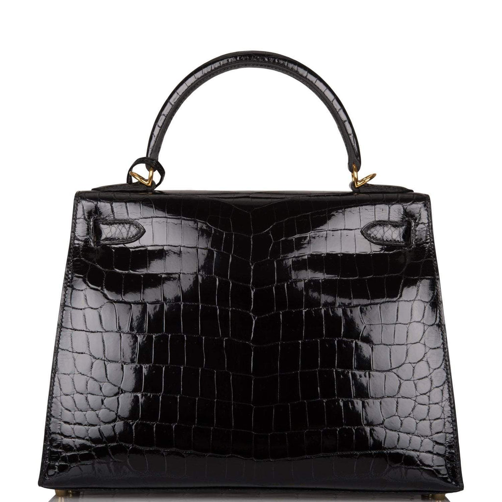 Hermes Black Shiny Niloticus Crocodile Sellier Kelly 28cm Gold Hardware