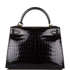 Hermes Black Shiny Niloticus Crocodile Sellier Kelly 28cm Gold Hardware