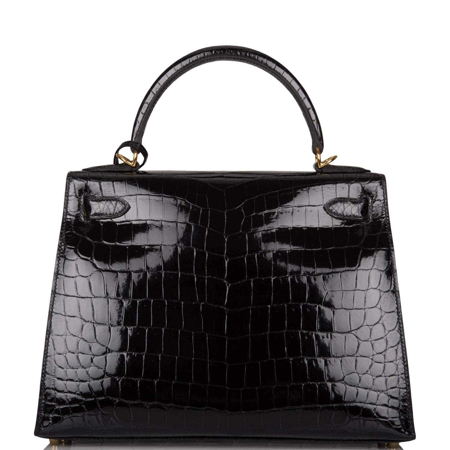 Hermes Black Shiny Niloticus Crocodile Sellier Kelly 28cm Gold Hardware