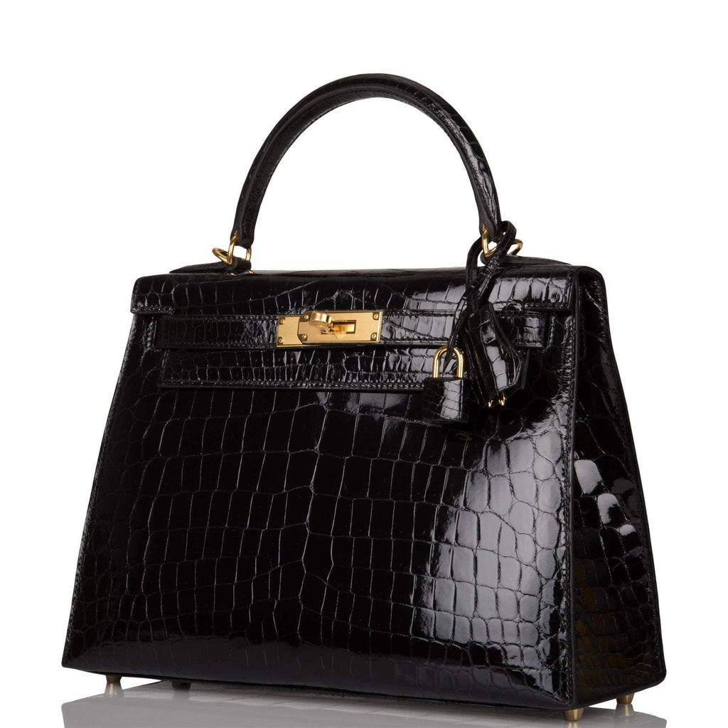 Hermes Black Shiny Niloticus Crocodile Sellier Kelly 28cm Gold Hardware