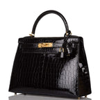 Hermes Black Shiny Niloticus Crocodile Sellier Kelly 28cm Gold Hardware