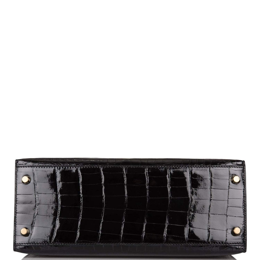 Hermes Black Shiny Niloticus Crocodile Sellier Kelly 28cm Gold Hardware