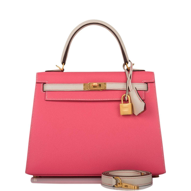 Hermes Kelly 25cm Bi-Color Rose Azalee and Craie Epsom Sellier Brushed Gold Hardware Hover Image