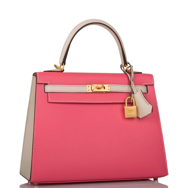Hermes Kelly 25cm Bi-Color Rose Azalee and Craie Epsom Sellier Brushed Gold Hardware Main Image
