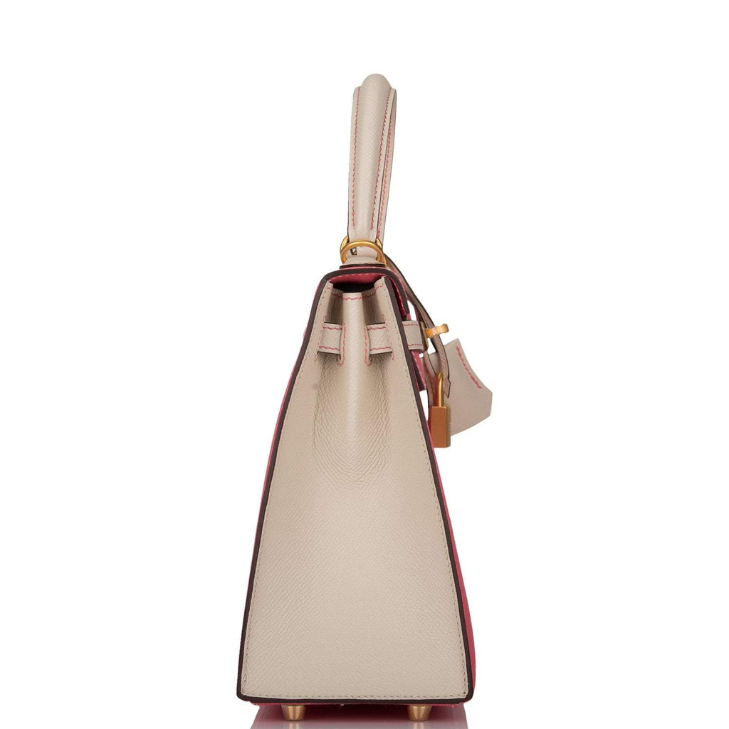 Hermes Kelly 25cm Bi-Color Rose Azalee and Craie Epsom Sellier Brushed Gold Hardware