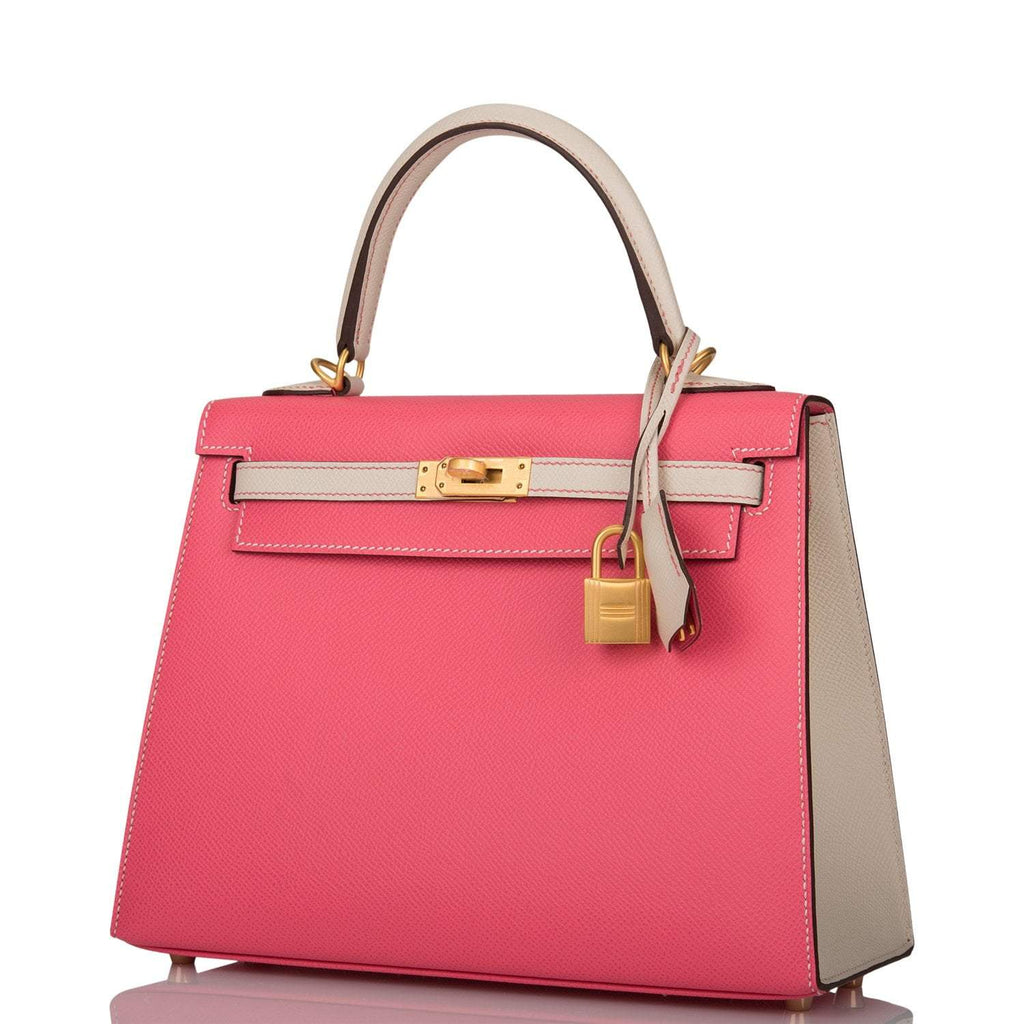 Hermes Kelly 25cm Bi-Color Rose Azalee and Craie Epsom Sellier Brushed Gold Hardware