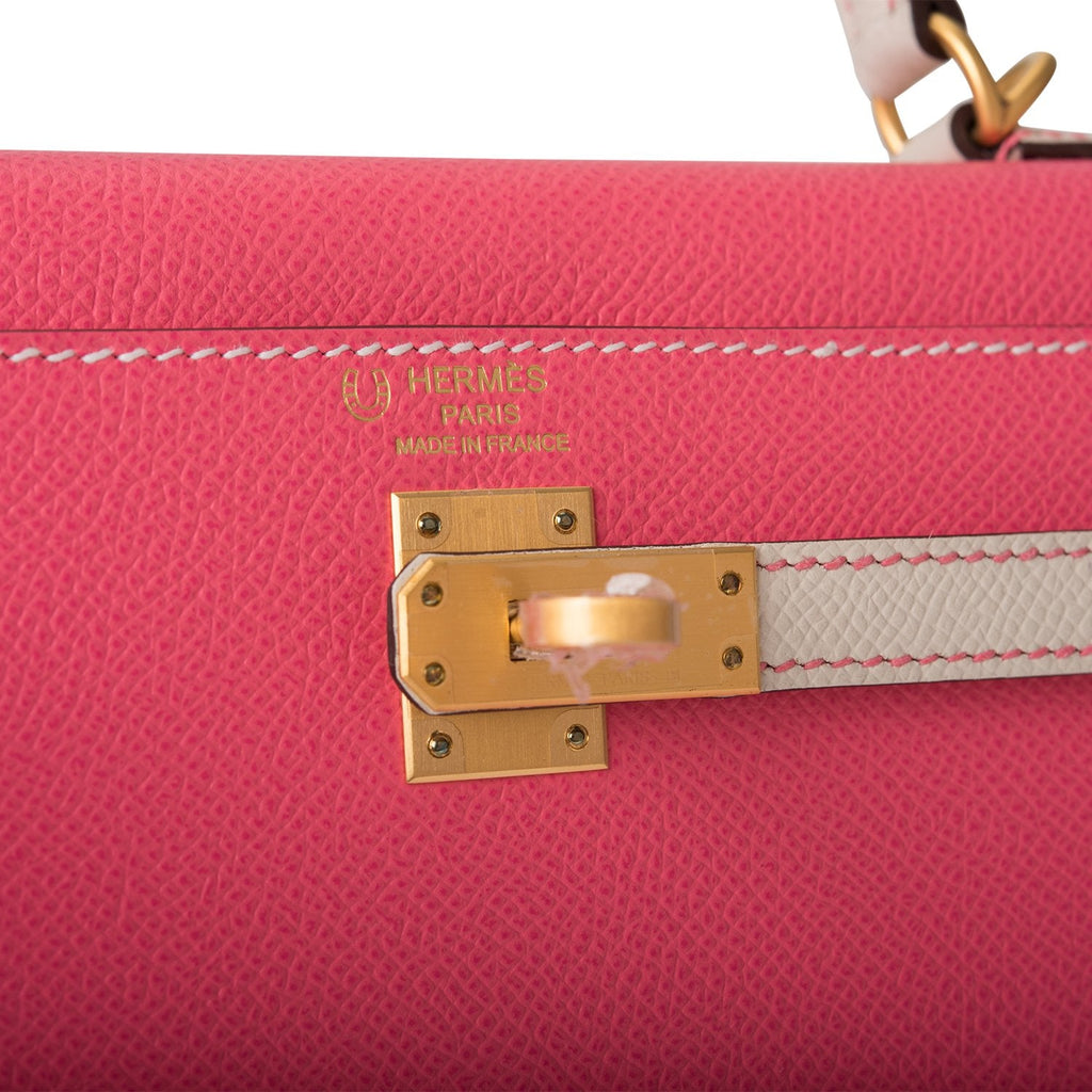 Hermes Kelly 25cm Bi-Color Rose Azalee and Craie Epsom Sellier Brushed Gold Hardware