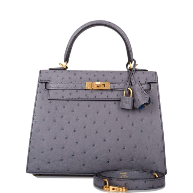Hermes Horseshoe Stamp (HSS) Bi-Color Gris Agate and Bleu Electric Ostrich Sellier Kelly 25cm Brushed Gold Hardware Hover Image