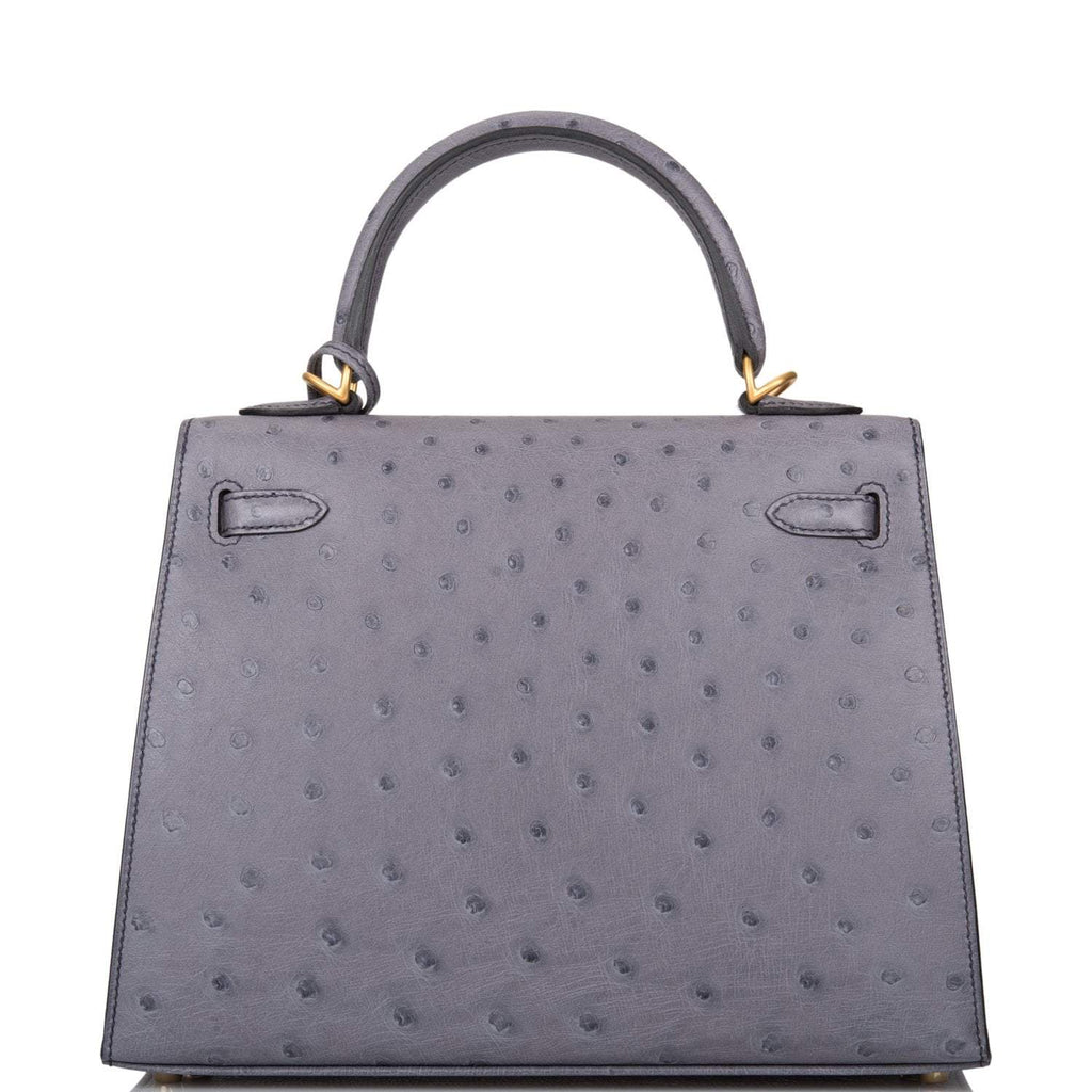 Hermes Horseshoe Stamp (HSS) Bi-Color Gris Agate and Bleu Electric Ostrich Sellier Kelly 25cm Brushed Gold Hardware