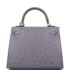 Hermes Horseshoe Stamp (HSS) Bi-Color Gris Agate and Bleu Electric Ostrich Sellier Kelly 25cm Brushed Gold Hardware