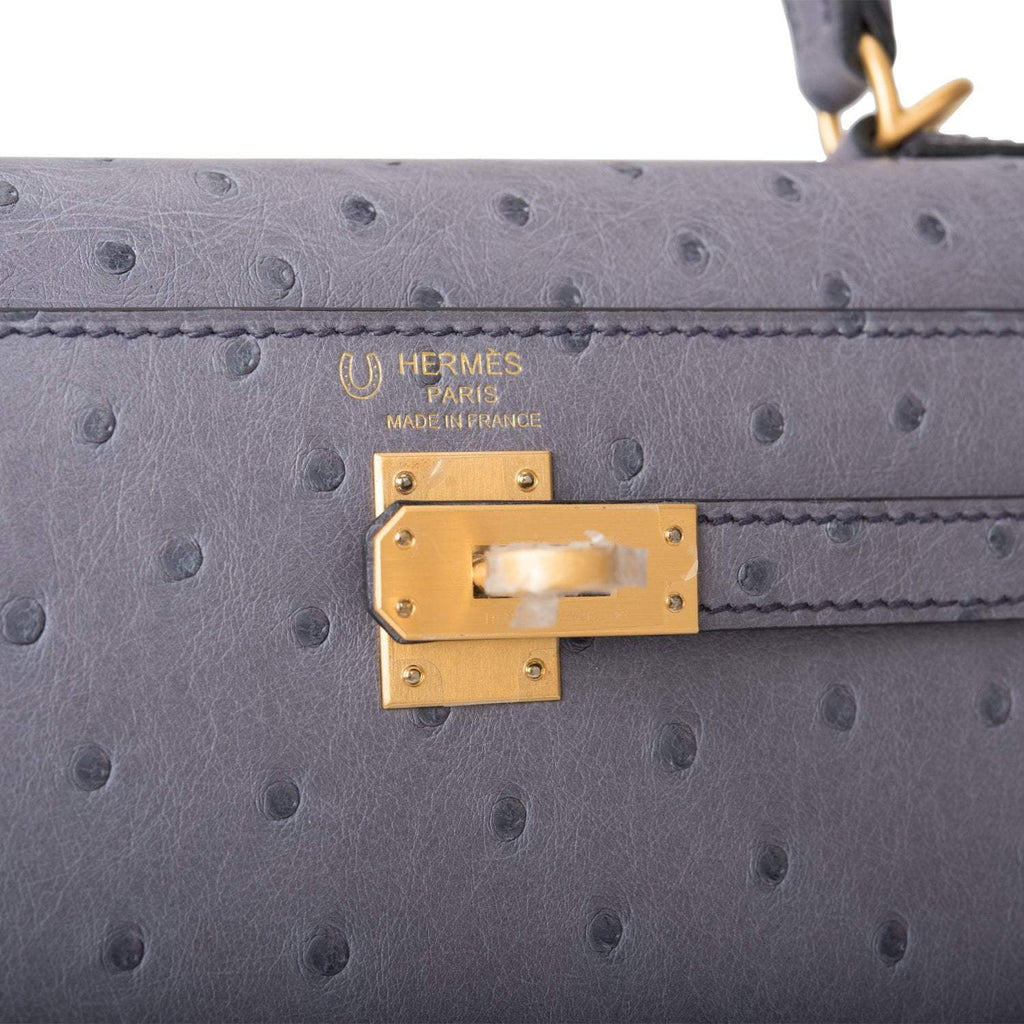 Hermes Horseshoe Stamp (HSS) Bi-Color Gris Agate and Bleu Electric Ostrich Sellier Kelly 25cm Brushed Gold Hardware
