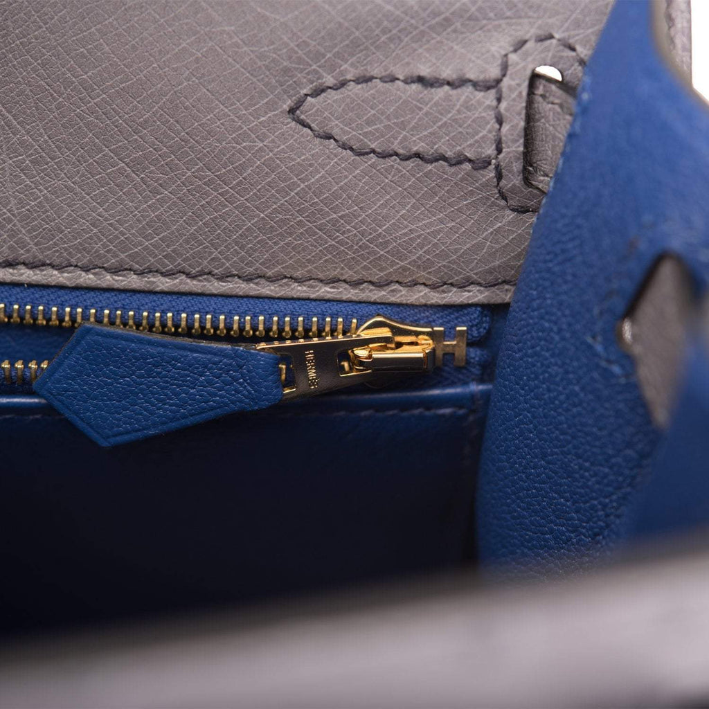 Hermes Horseshoe Stamp (HSS) Bi-Color Gris Agate and Bleu Electric Ostrich Sellier Kelly 25cm Brushed Gold Hardware