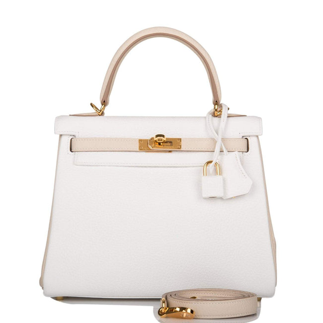 Hermes Horseshoe Stamp (HSS) Bi-Color White and Trench Clemence Retourne Kelly 25cm Gold Hardware Hover Image