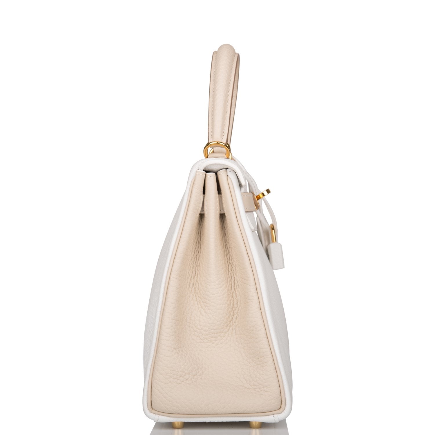 Hermes Horseshoe Stamp (HSS) Bi-Color White and Trench Clemence Retourne Kelly 25cm Gold Hardware