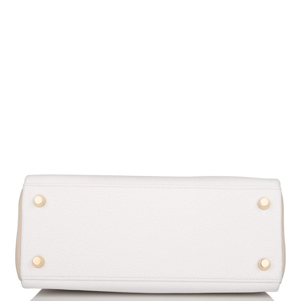 Hermes Horseshoe Stamp (HSS) Bi-Color White and Trench Clemence Retourne Kelly 25cm Gold Hardware
