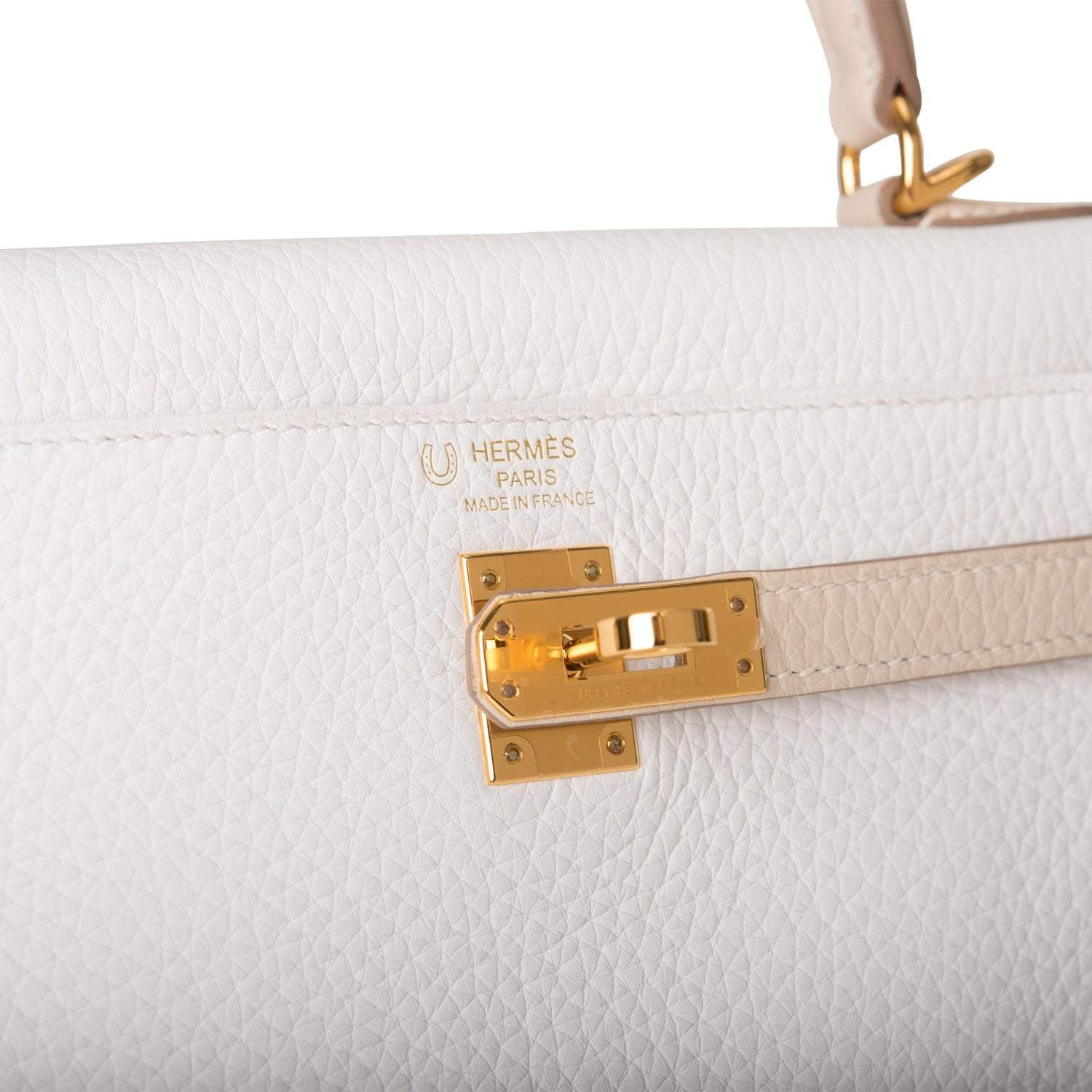 Hermes Horseshoe Stamp (HSS) Bi-Color White and Trench Clemence Retourne Kelly 25cm Gold Hardware