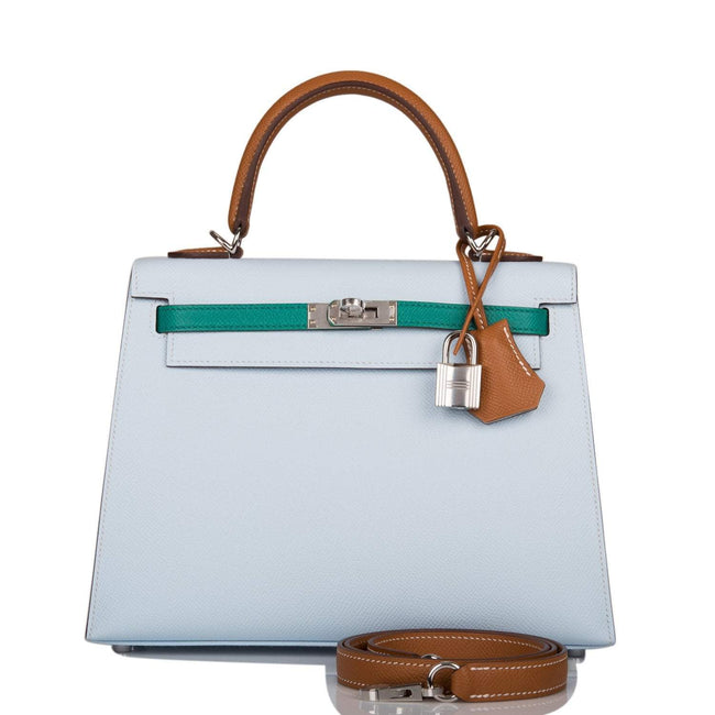 Hermes Tri-Color Bleu Brume, Vert Jade and Gold Epsom Sellier Kelly 25cm Palladium Hardware Hover Image