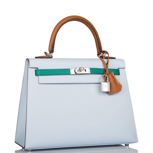 Hermes Tri-Color Bleu Brume, Vert Jade and Gold Epsom Sellier Kelly 25cm Palladium Hardware Main Image