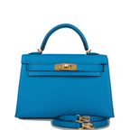 Hermes Bleu Frida Chevre Mysore Sellier Kelly 20cm Gold Hardware
