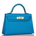 Hermes Bleu Frida Chevre Mysore Sellier Kelly 20cm Gold Hardware