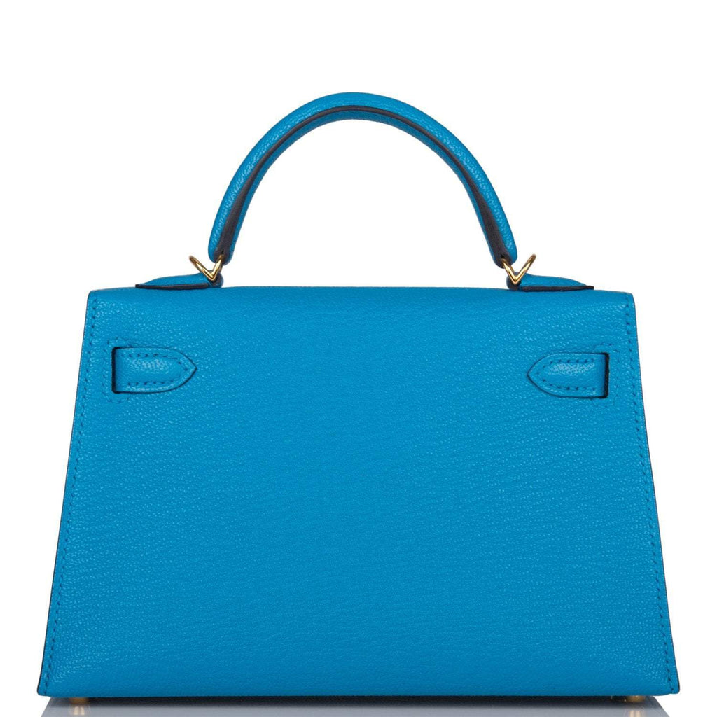 Hermes Bleu Frida Chevre Mysore Sellier Kelly 20cm Gold Hardware